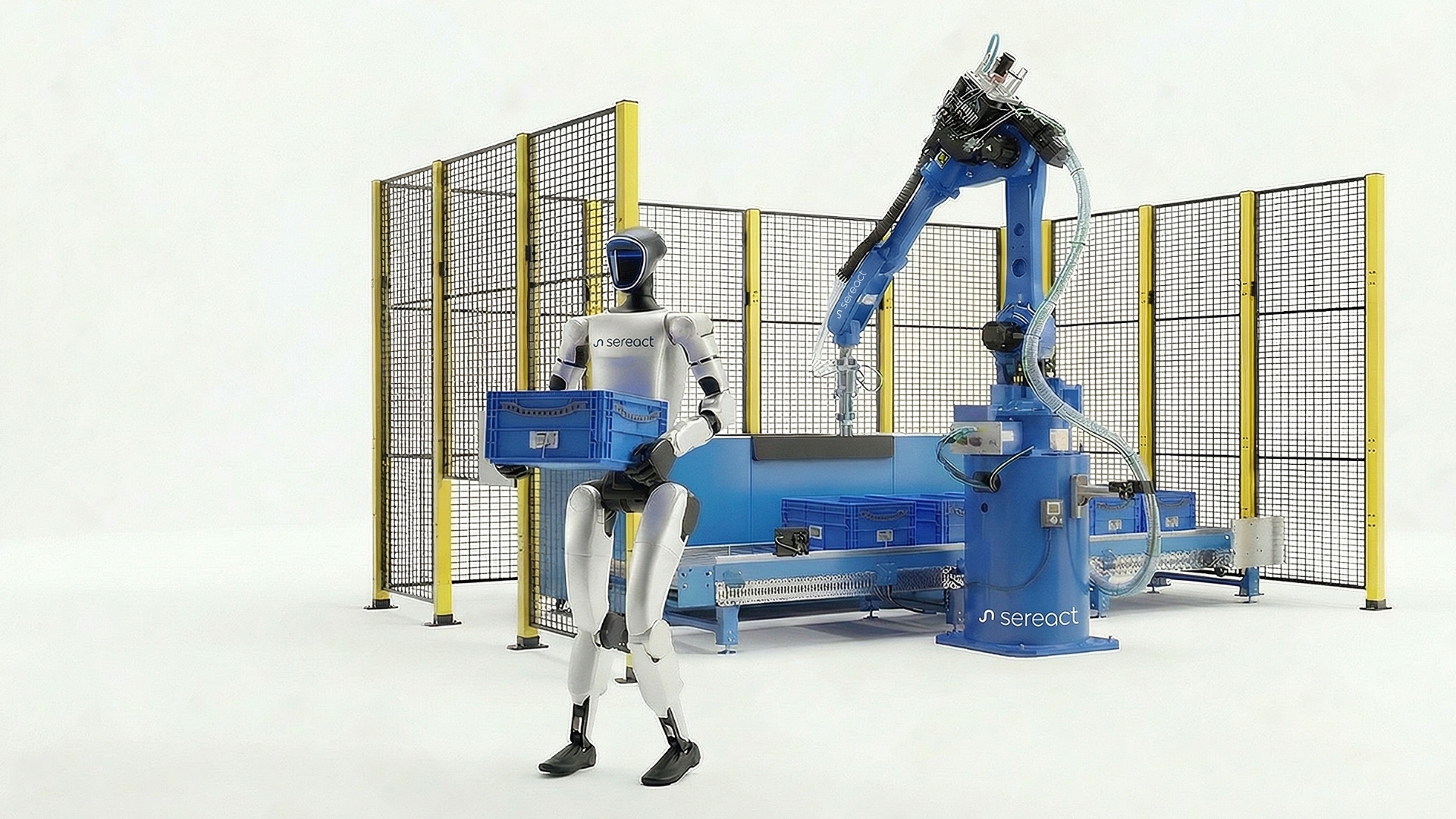 Automated warehouse with humanoid robot and industrial robotic arm handling crates on conveyor belt